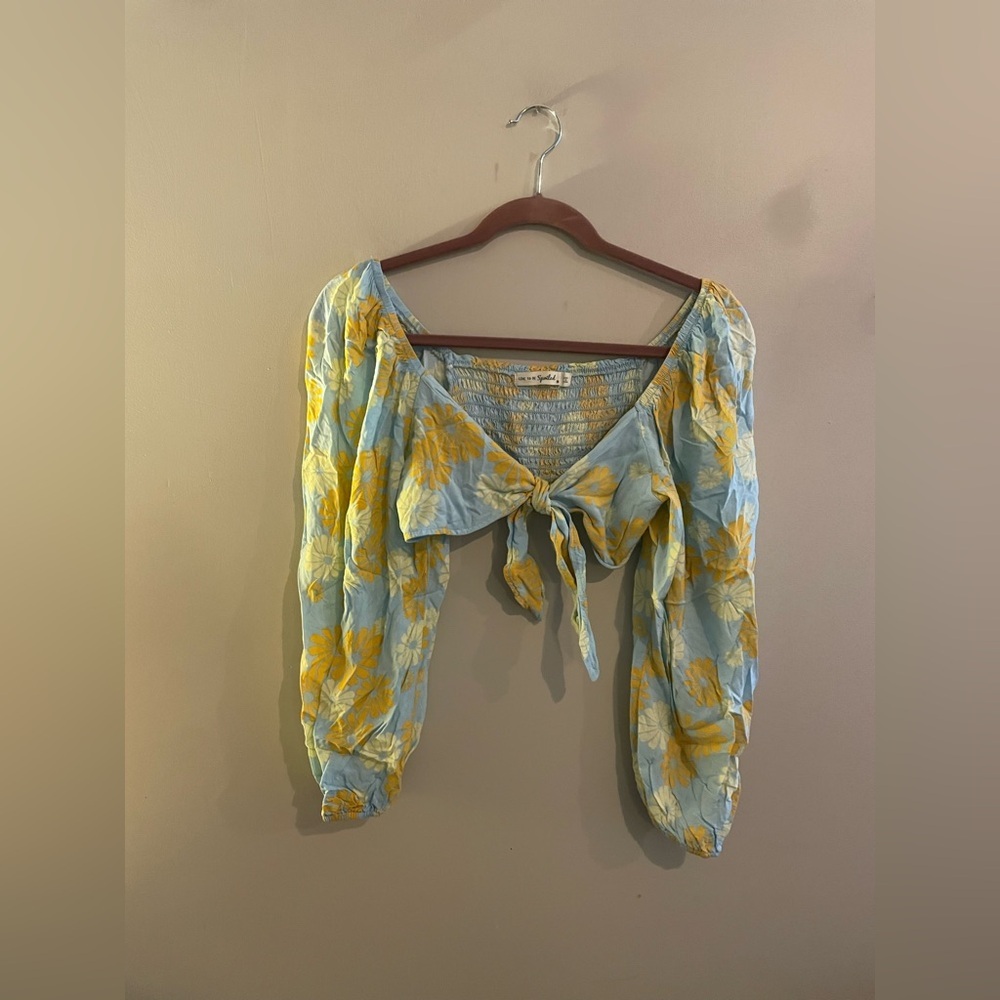 Live To Be Spoiled Green & Blue Floral Cropped Long Sleeve Blouse